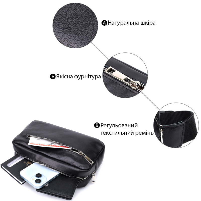 Прямокутна сумка-бананка для чоловіків із натуральної глянсової шкіри Shvigel Чорна