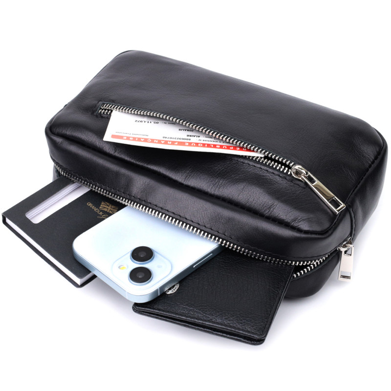 Прямокутна сумка-бананка для чоловіків із натуральної глянсової шкіри Shvigel Чорна