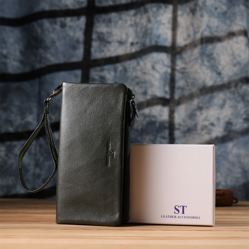 Удобный кошелек для женщин с кистевым ремнем из натуральной кожи ST Leather Зеленый
