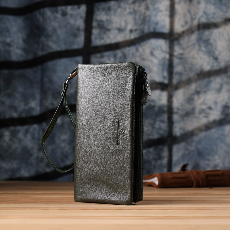 Удобный кошелек для женщин с кистевым ремнем из натуральной кожи ST Leather Зеленый