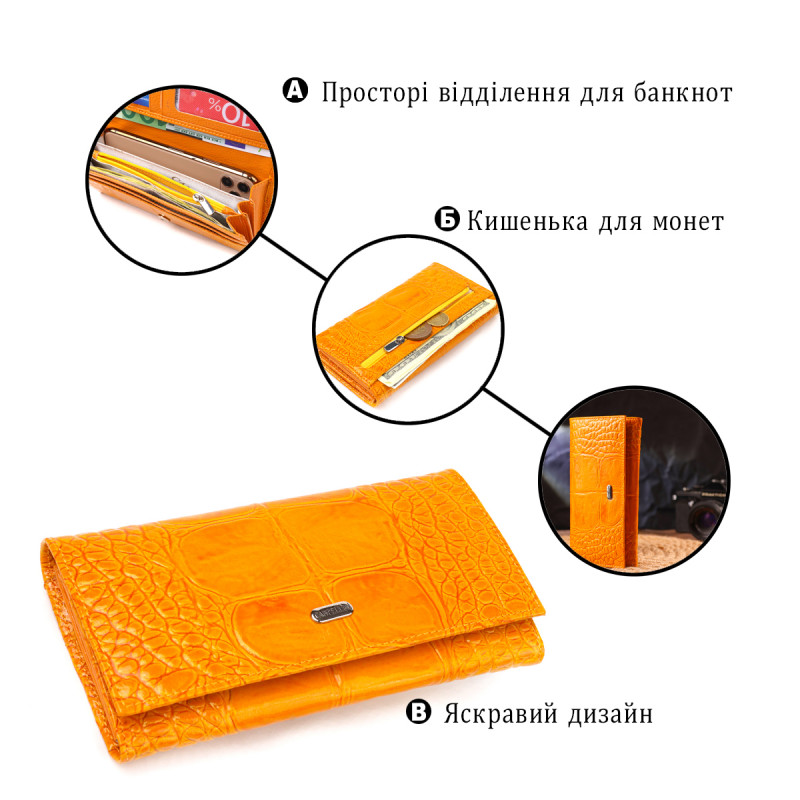 Яркий женский кошелек из натуральной фактурной кожи CANPELLINI Желтый