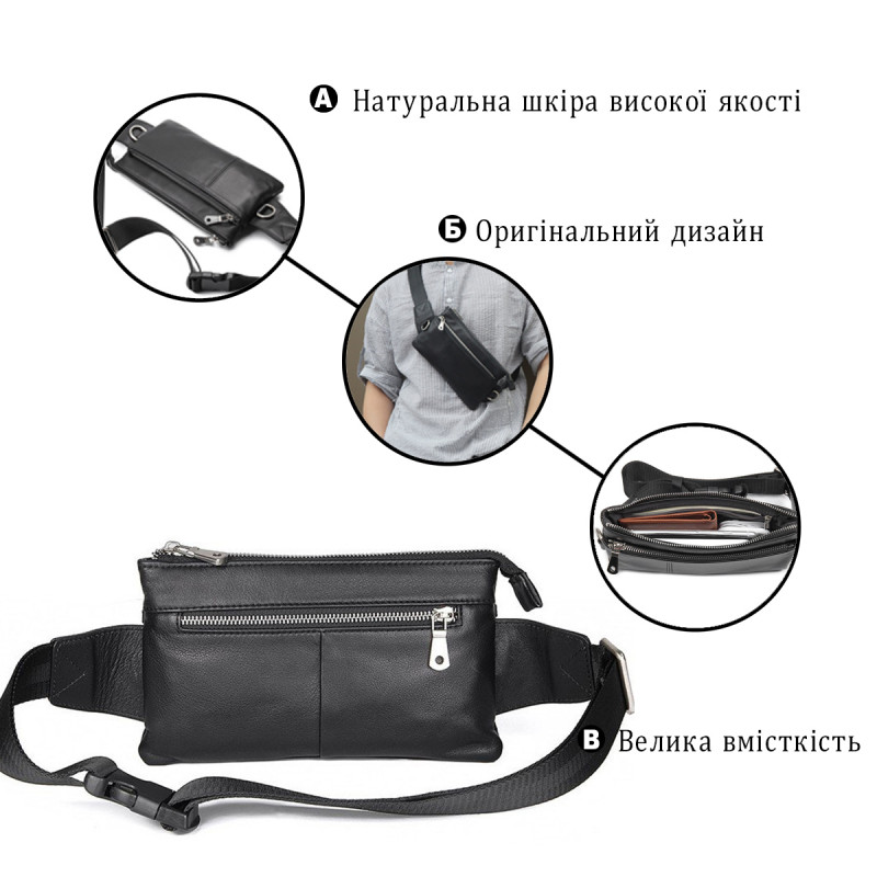 Сумка поясная зернистая кожаная Vintage Черная