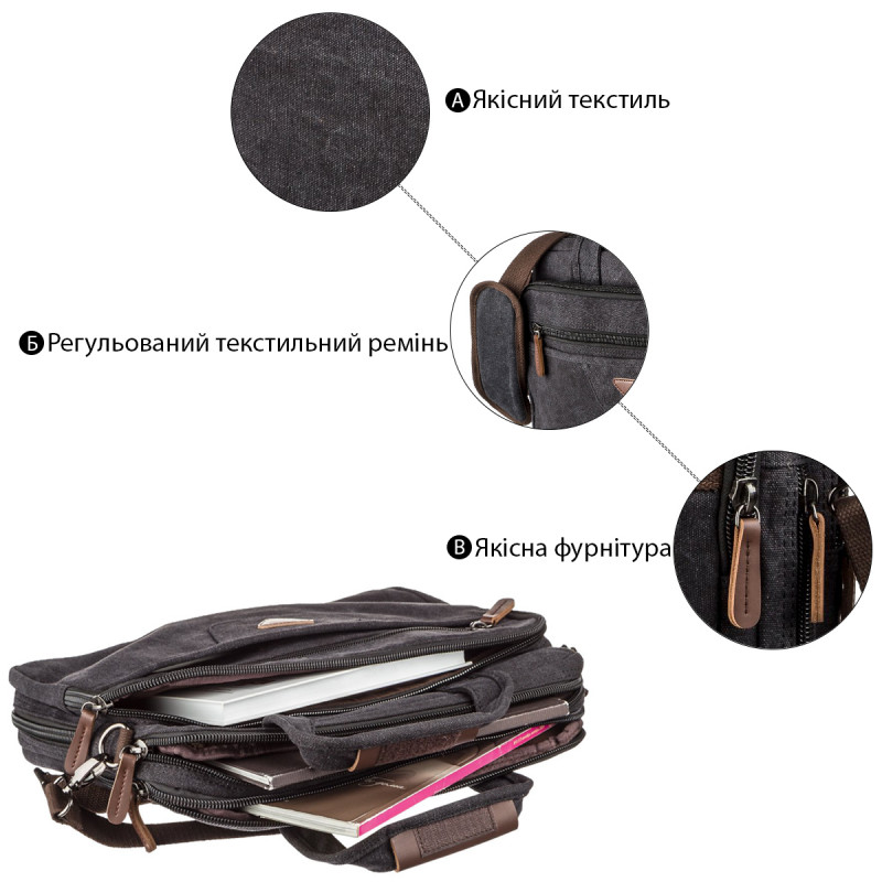 Сумка текстильная для ноутбука на два отделения Vintage Черная