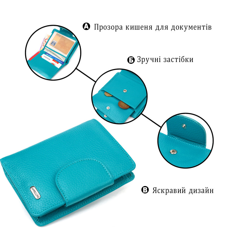 Яркий вертикальный кошелек из натуральной кожи CANPELLINI Бирюзовый