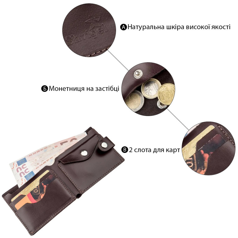 Портмоне мужское с монетницей кожаное SHVIGEL Коричневое