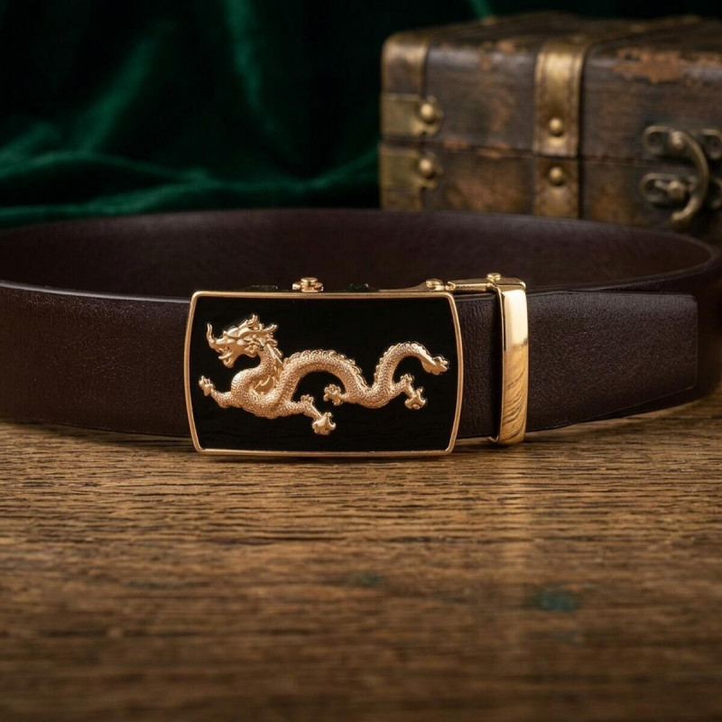 Ремінь чоловічий золотий дракон Vintage Коричневий