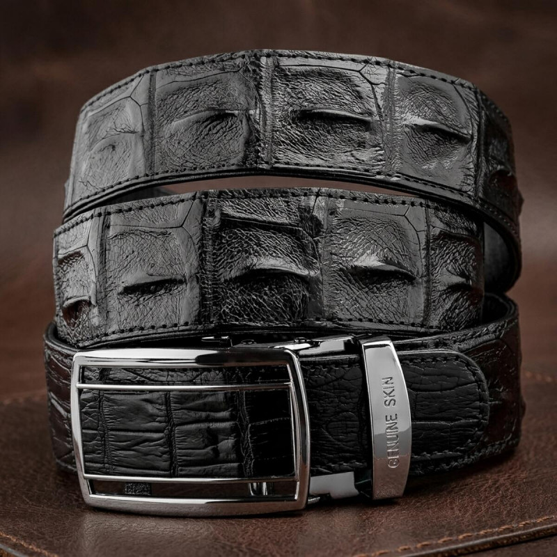 Ремінь-автомат CROCODILE LEATHER з натуральної шкіри крокодила (каймана) Чорний
