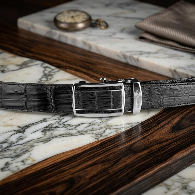 Ремінь-автомат CROCODILE LEATHER з натуральної шкіри крокодила (каймана) Чорний