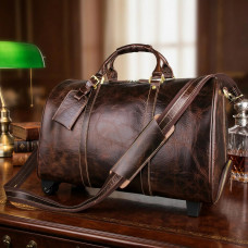 Кожаная дорожная сумка на колесах для путешествий и командировок Vintage Коричневая
