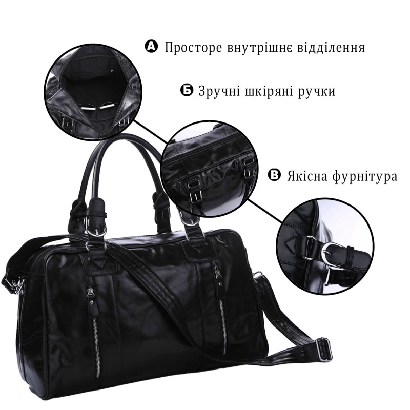 Шкіряна дорожня сумка для подорожей відряджень та спортзалу Vintage Чорна