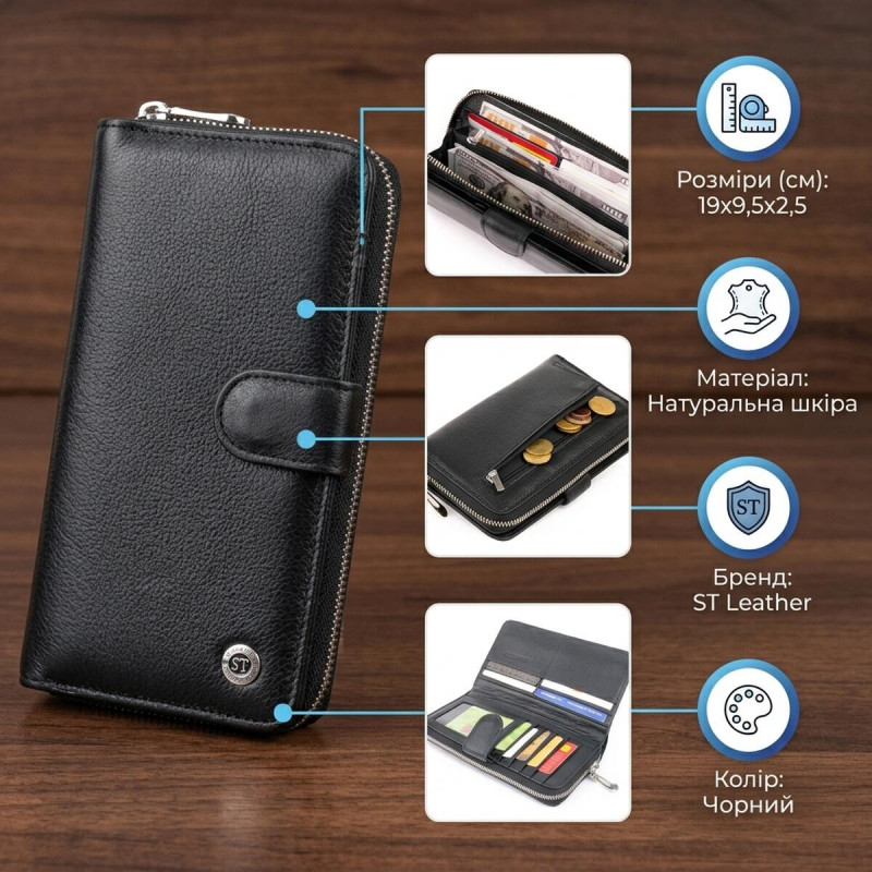 Вертикальний місткий гаманець зі шкіри унісекс ST Leather Чорний