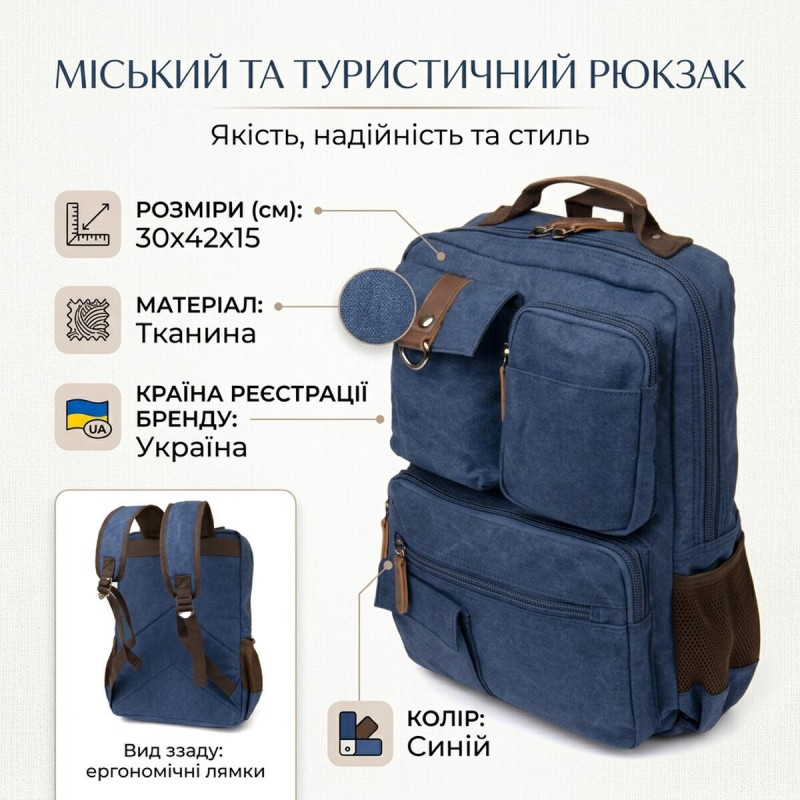 Текстильний рюкзак для подорожей ноутбука та міста Vintage Синій
