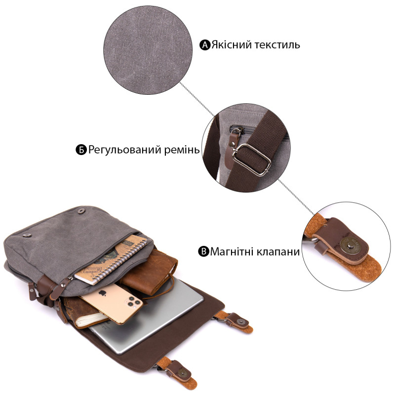 Сумка почтальонка текстильная Vintage Серая