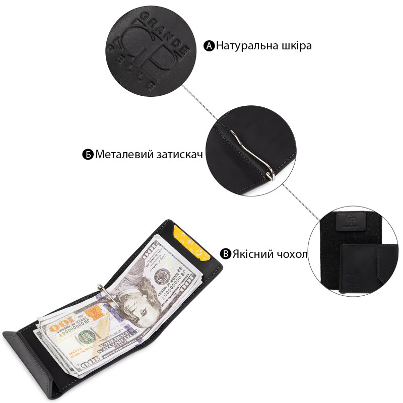 Мужской практичный зажим для денег GRANDE PELLE Черный