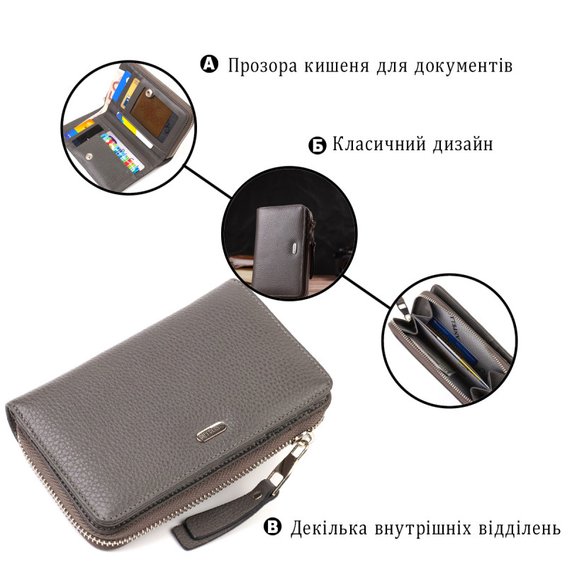 Отличное женское портмоне среднего размера из натуральной зернистой кожи CANPELLINI Серое