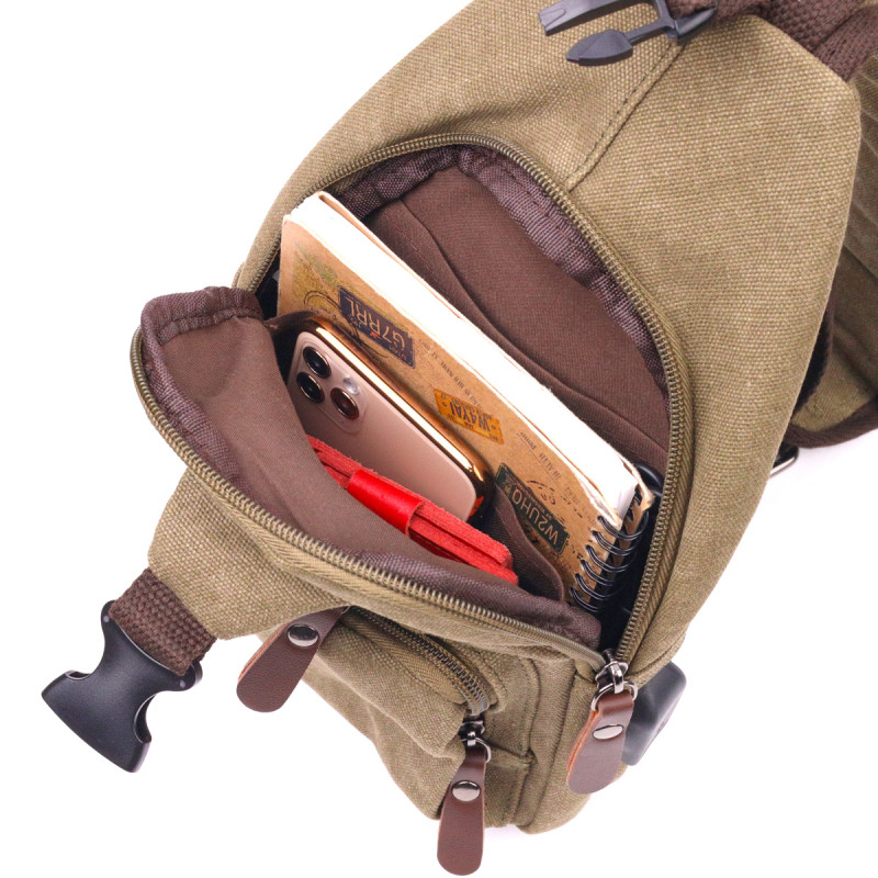 Сумка через плечо с USB кабелем мужская из плотного текстиля Vintage Оливковая