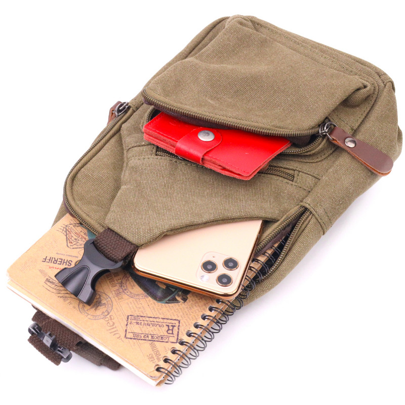 Сумка через плечо с USB кабелем мужская из плотного текстиля Vintage Оливковая