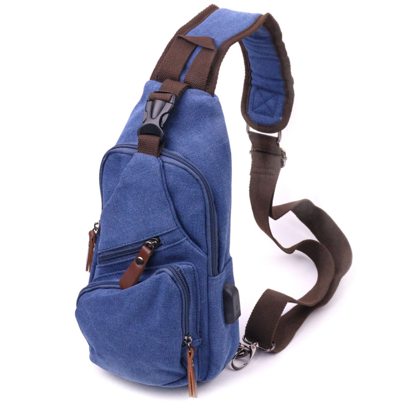 Сумка с USB кабелем через плечо из плотного текстиля Vintage Синяя