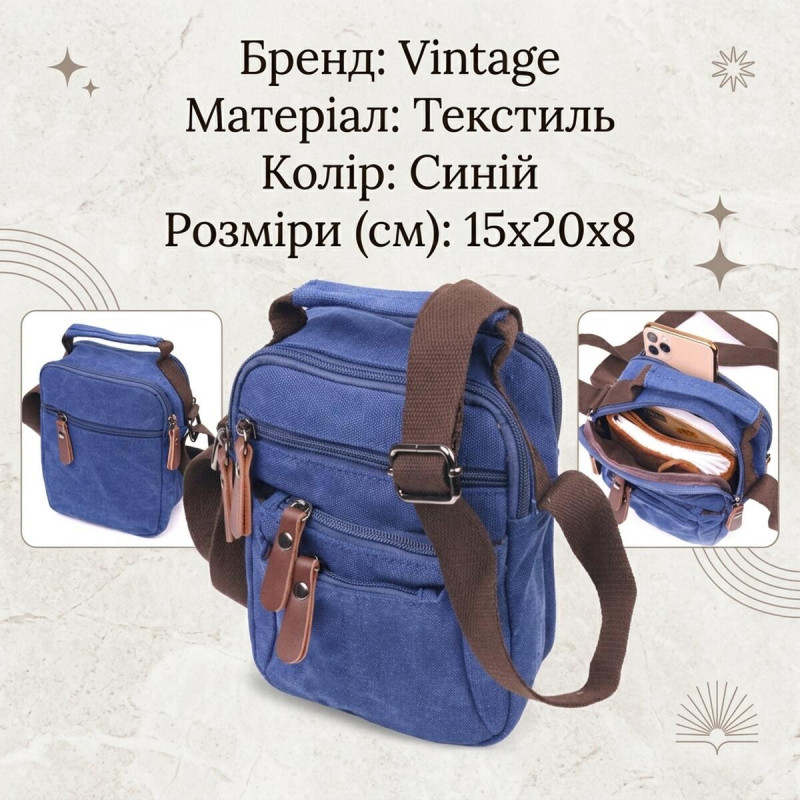 Практична чоловіча сумка із щільного текстилю Vintage Синя