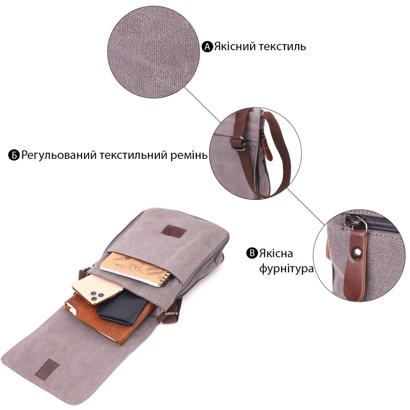 Практичная вертикальная мужская сумка из текстиля Vintage Серая