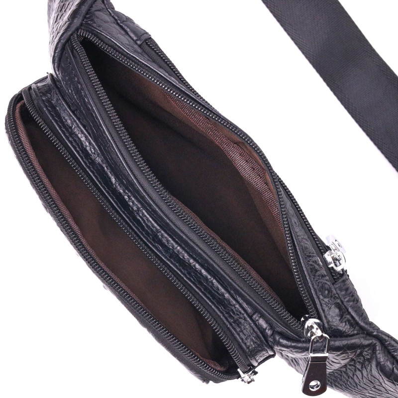 Стильна поясна сумка з натуральної шкіри з фактурою під крокодила Vintage Чорна