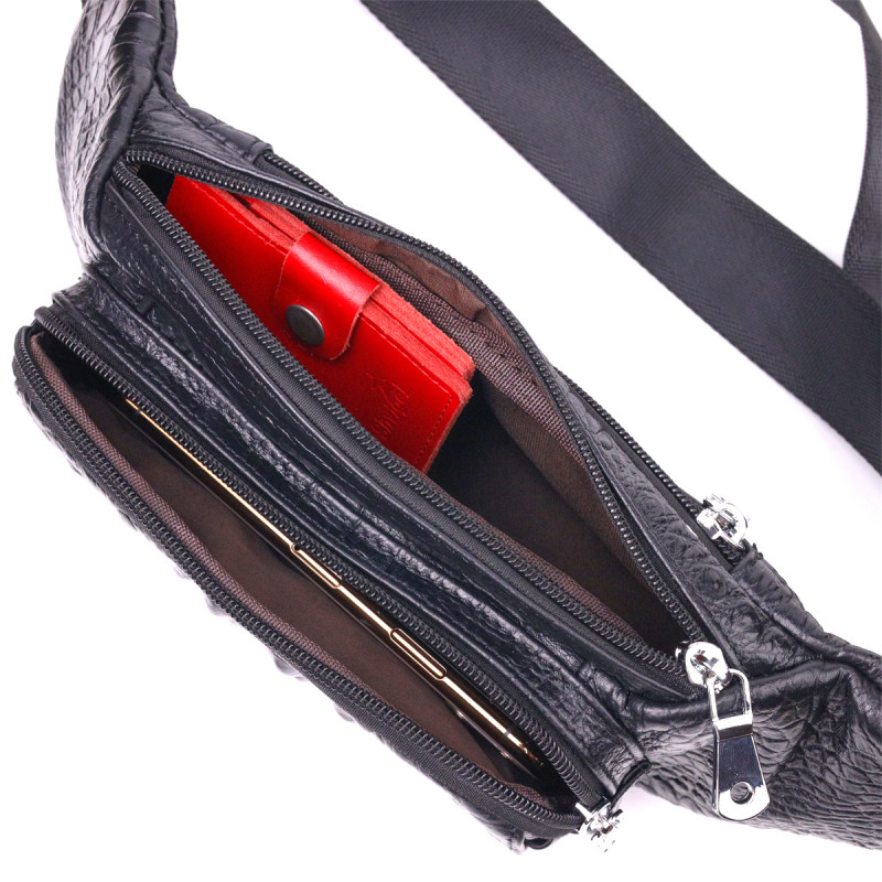 Стильна поясна сумка з натуральної шкіри з фактурою під крокодила Vintage Чорна