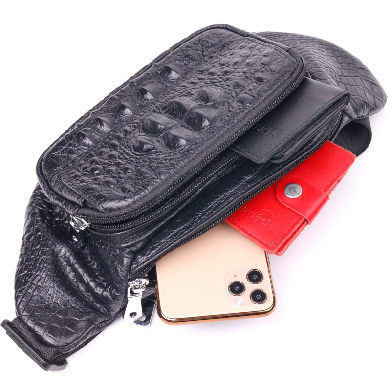 Стильна поясна сумка з натуральної шкіри з фактурою під крокодила Vintage Чорна