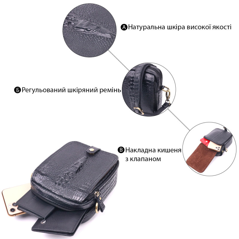 Небольшая мужская сумка из натуральной кожи с фактурой под крокодила Vintage Черная