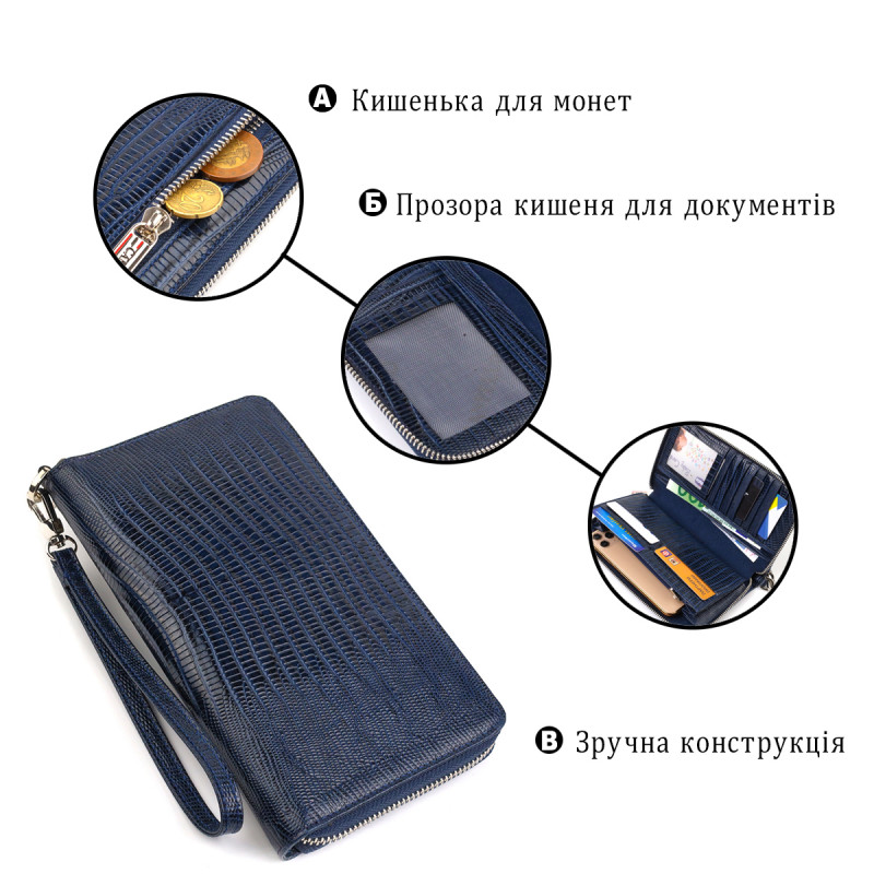 Вместительный клатч для женщин из натуральной кожи с тиснением CANPELLINI Синий