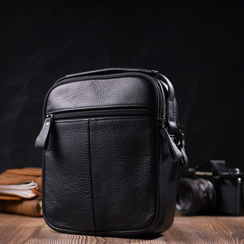 Практичная мужская сумка на плечо из натуральной кожи Vintage Черная