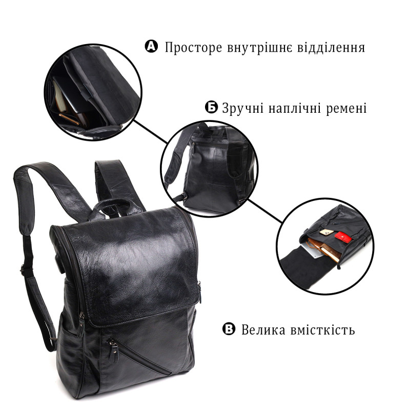 Вместительный рюкзак из натуральной кожи Vintage Черный