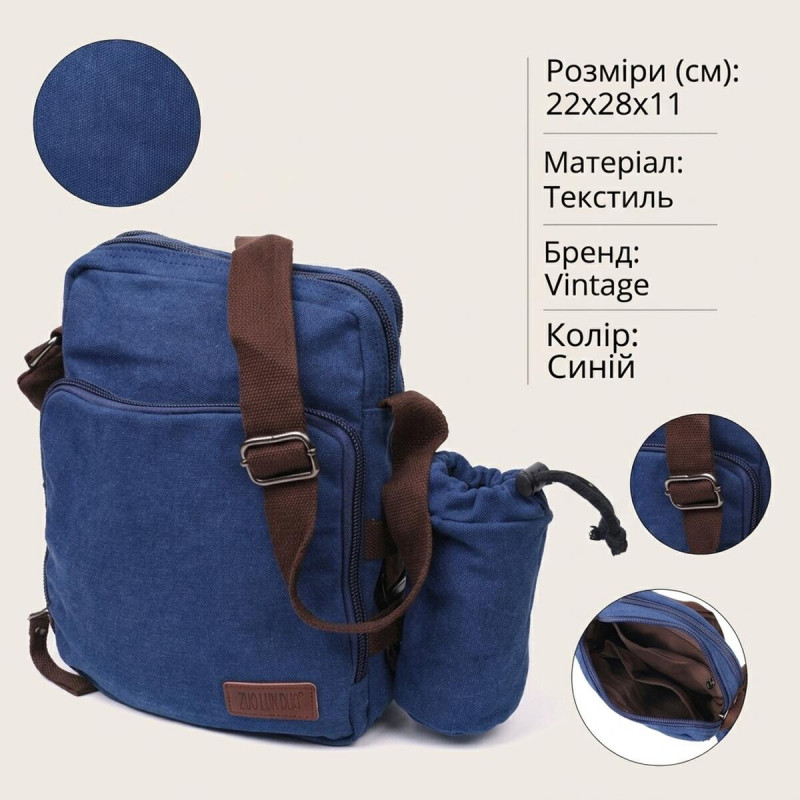 Мужская текстильная сумка с чехлом для воды Vintage Синий