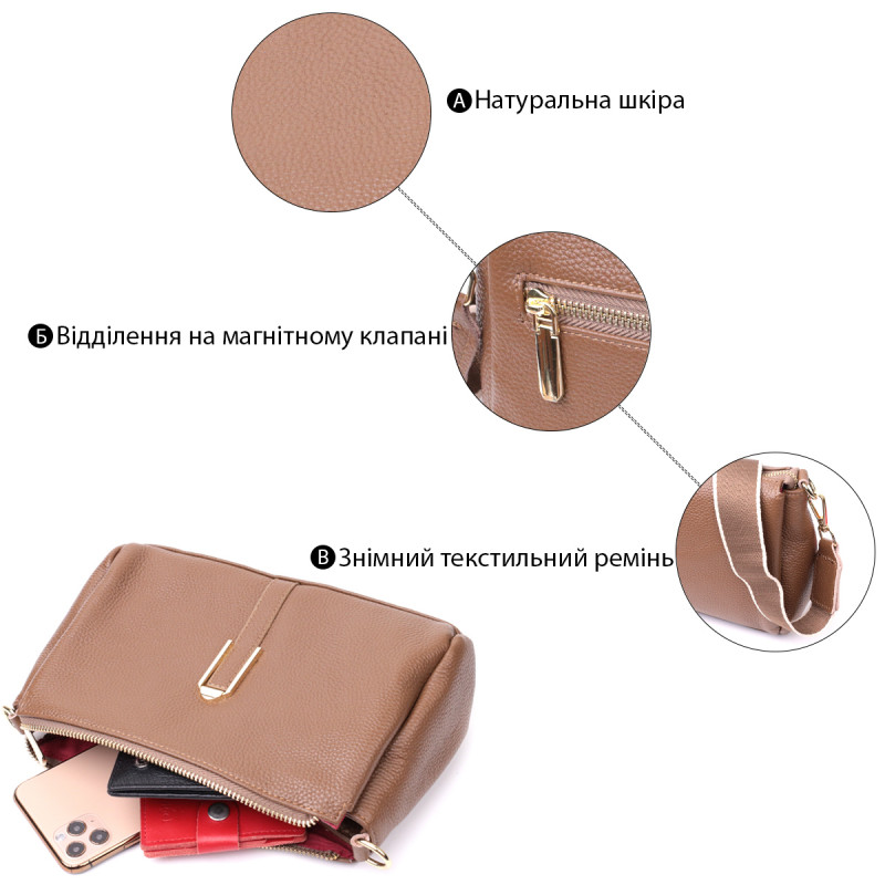 Женская стильная сумка через плече из натуральной кожи Vintage Бежевая