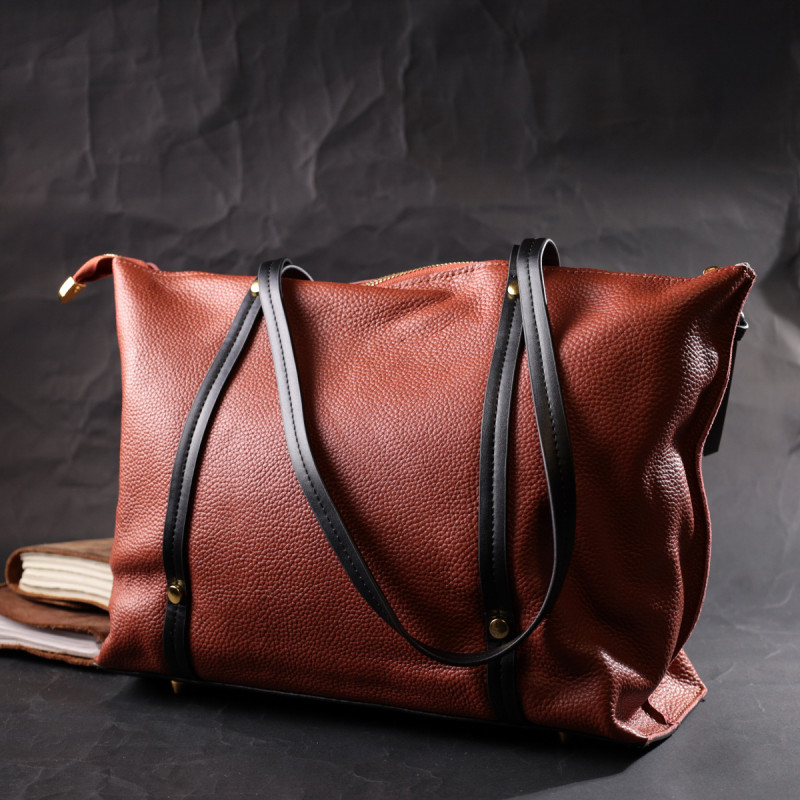 Вместительная двухцветная женская сумка из натуральной кожи Vintage Коричневая