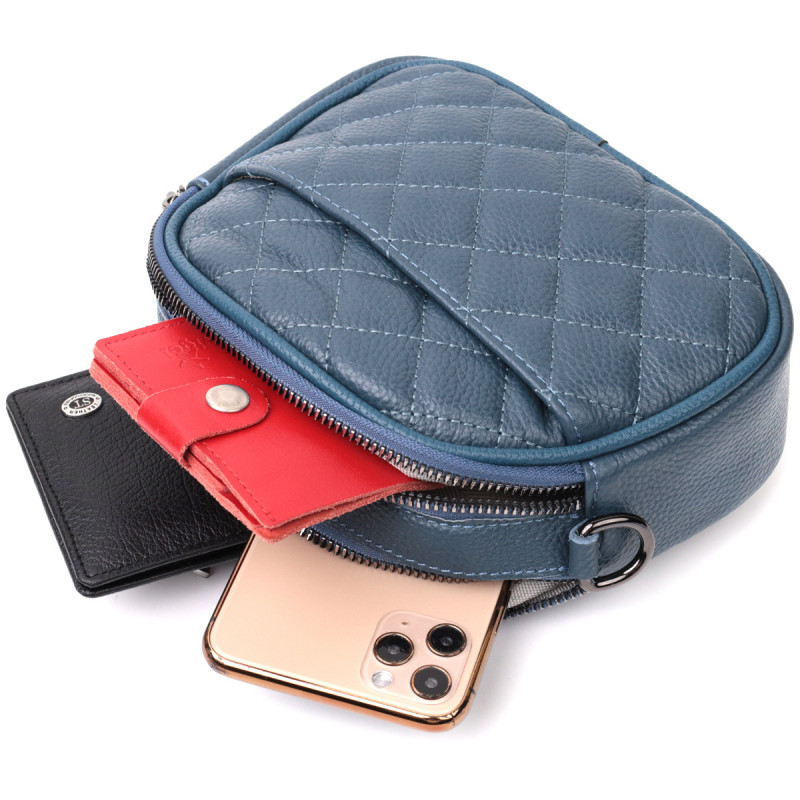 Стильная женская стеганая сумка из мягкой натуральной кожи Vintage Синяя