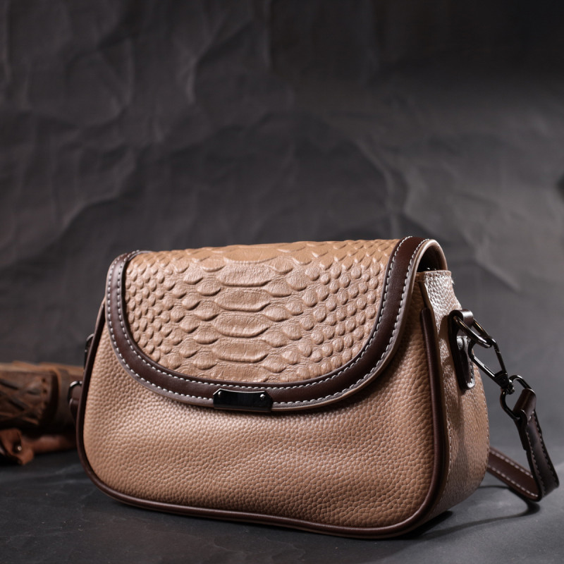 Сумка для женщин с фактурным клапаном из натуральной кожи Vintage Бежевая