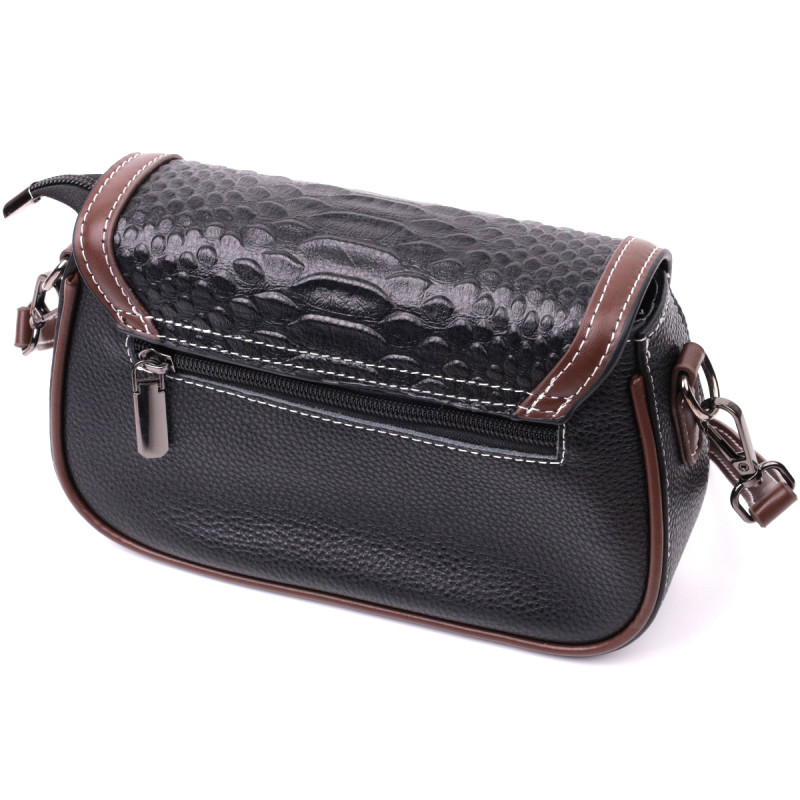 Стильная сумка для женщин с фактурным клапаном из натуральной кожи Vintage Черная