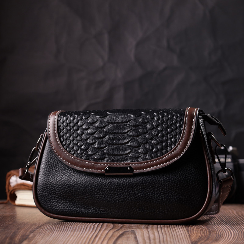 Стильная сумка для женщин с фактурным клапаном из натуральной кожи Vintage Черная