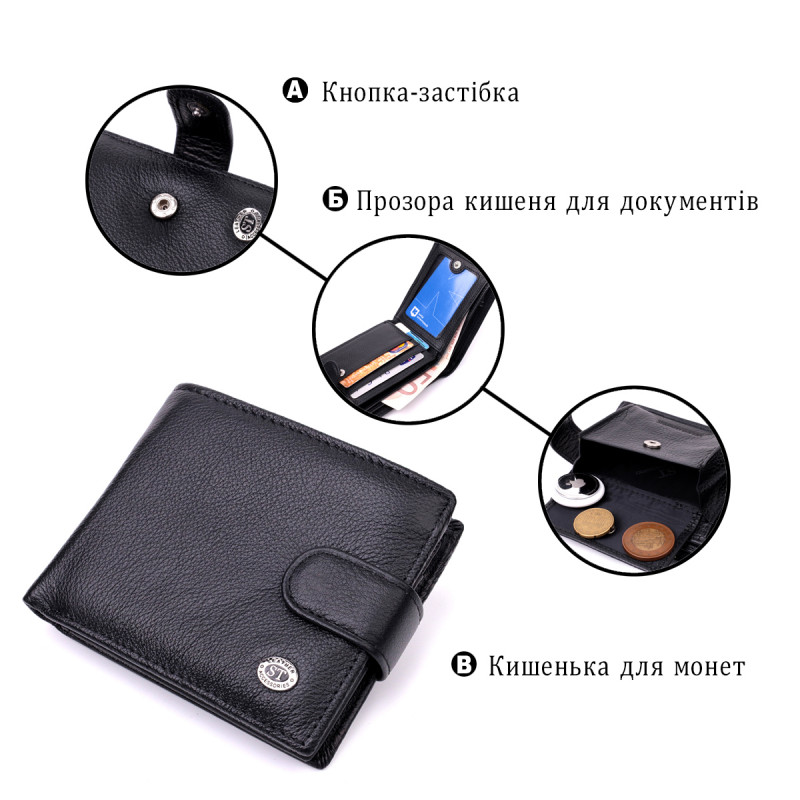Классическое портмоне для мужчин с блоком для карт из натуральной кожи ST Leather Черное