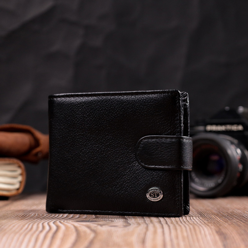 Классическое портмоне для мужчин с блоком для карт из натуральной кожи ST Leather Черное