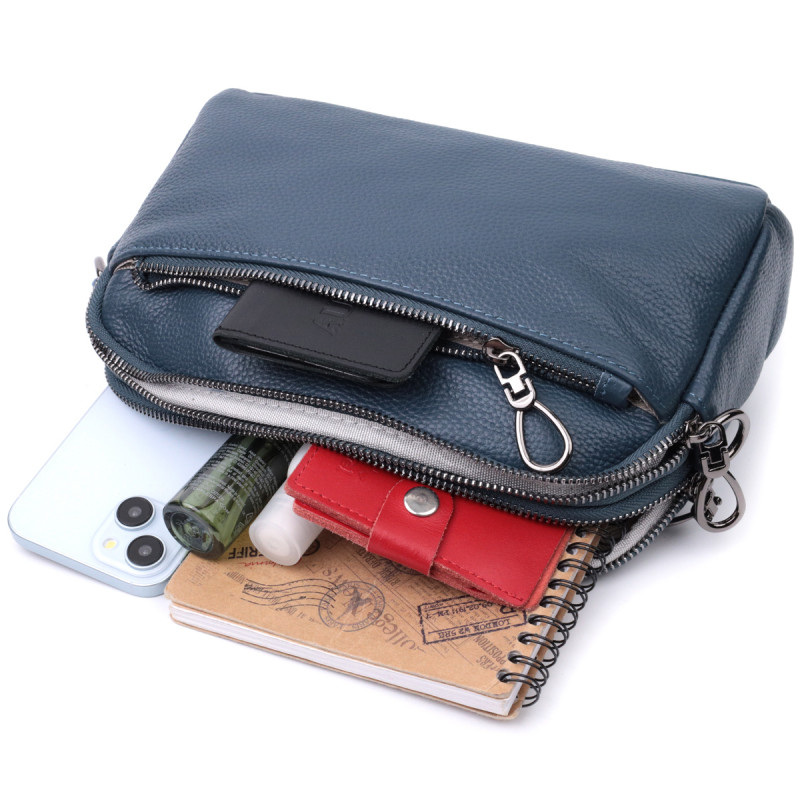 Стильная сумка для женщин с карманами из натуральной кожи Vintage Синяя