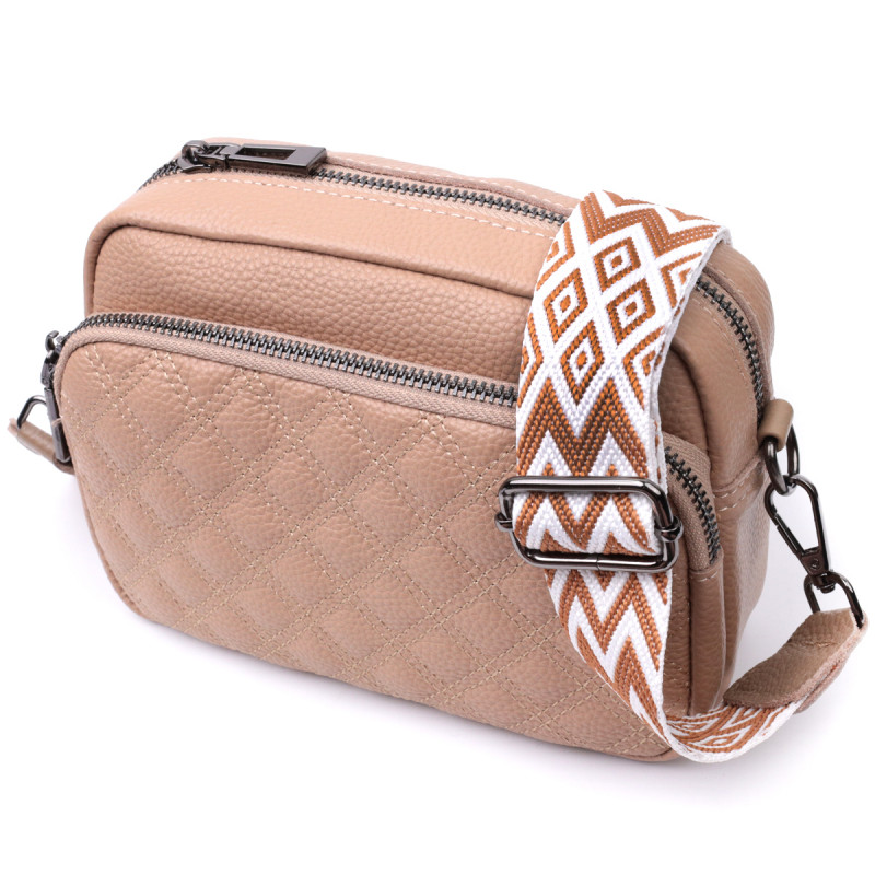 Модна жіноча сумка прошита ромбами на лицьовій стороні з натуральної шкіри Vintage Бежева