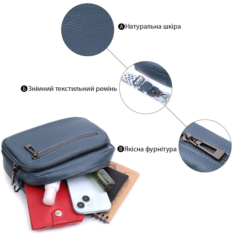 Оригінальна сумка жіноча з накладною кишенею з натуральної шкіри Vintage Синя