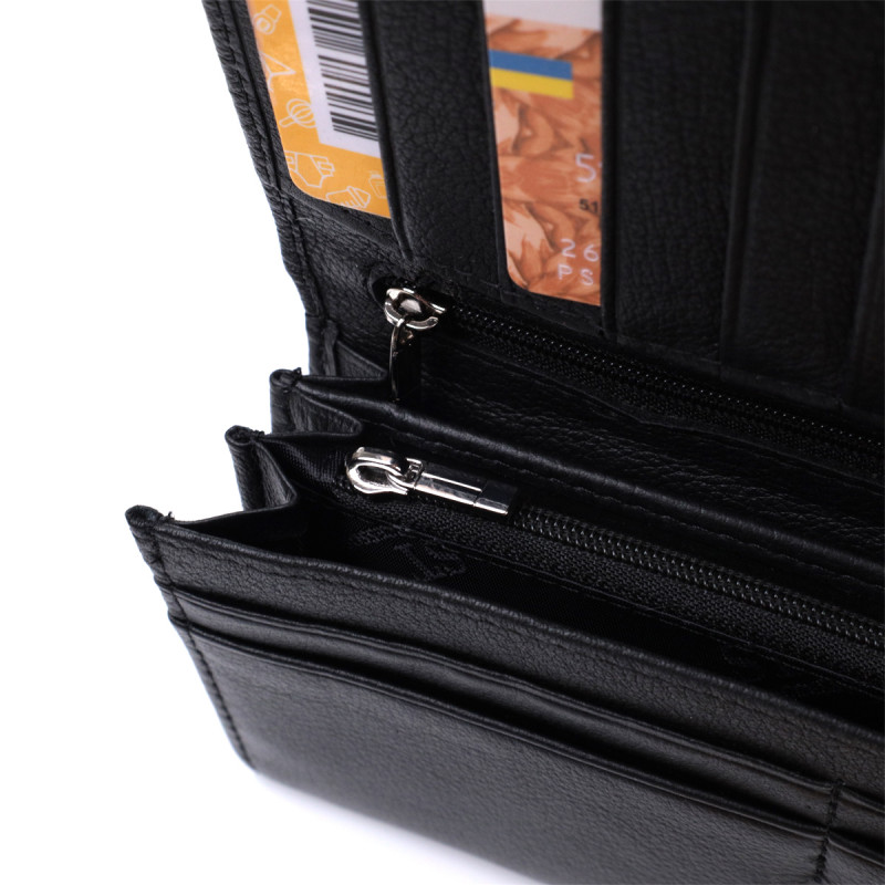 Функциональный женский кошелек с двумя клапанами из натуральной кожи ST Leather Черный