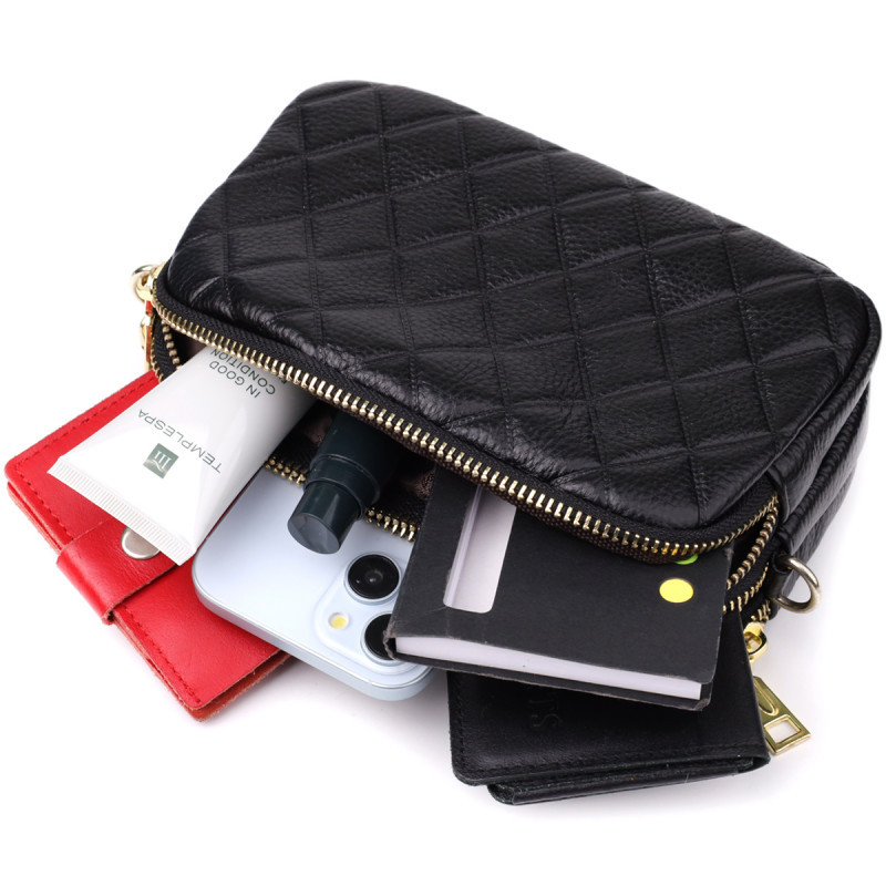 Сумка из натуральной кожи с тремя отделениями для женщин Vintage Черный