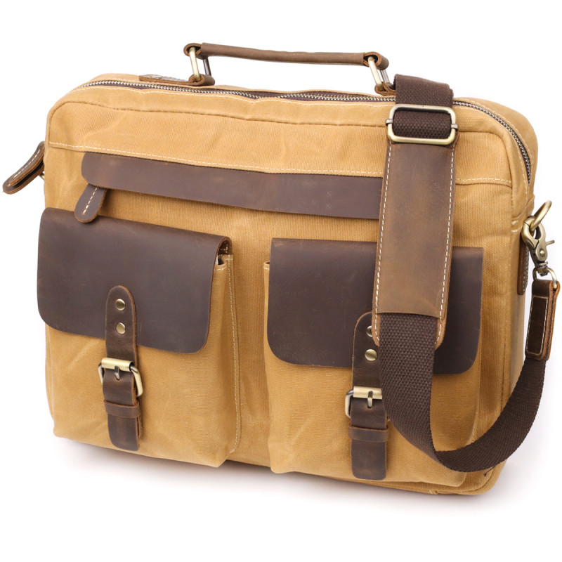 Стильний портфель з якісного текстилю зі шкіряними вставками Vintage _ Світло-коричневий