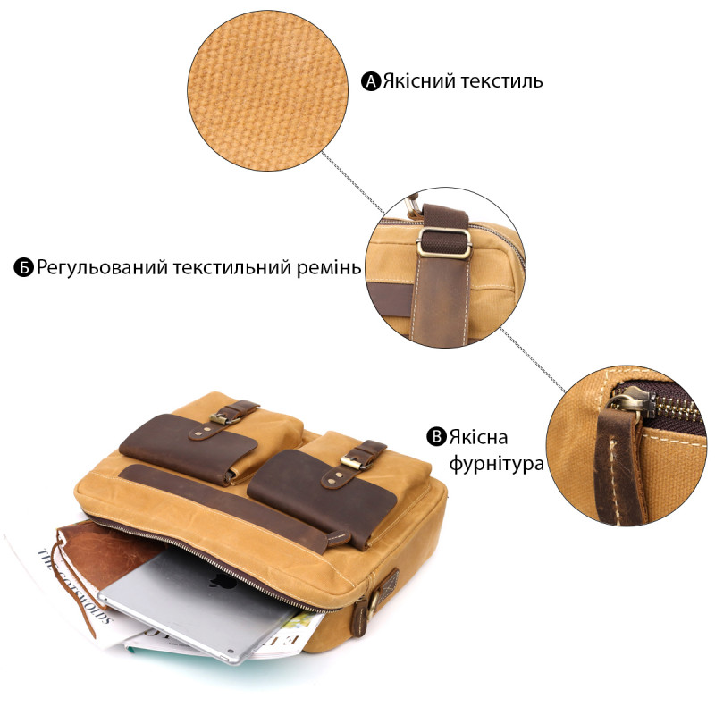 Стильний портфель з якісного текстилю зі шкіряними вставками Vintage _ Світло-коричневий