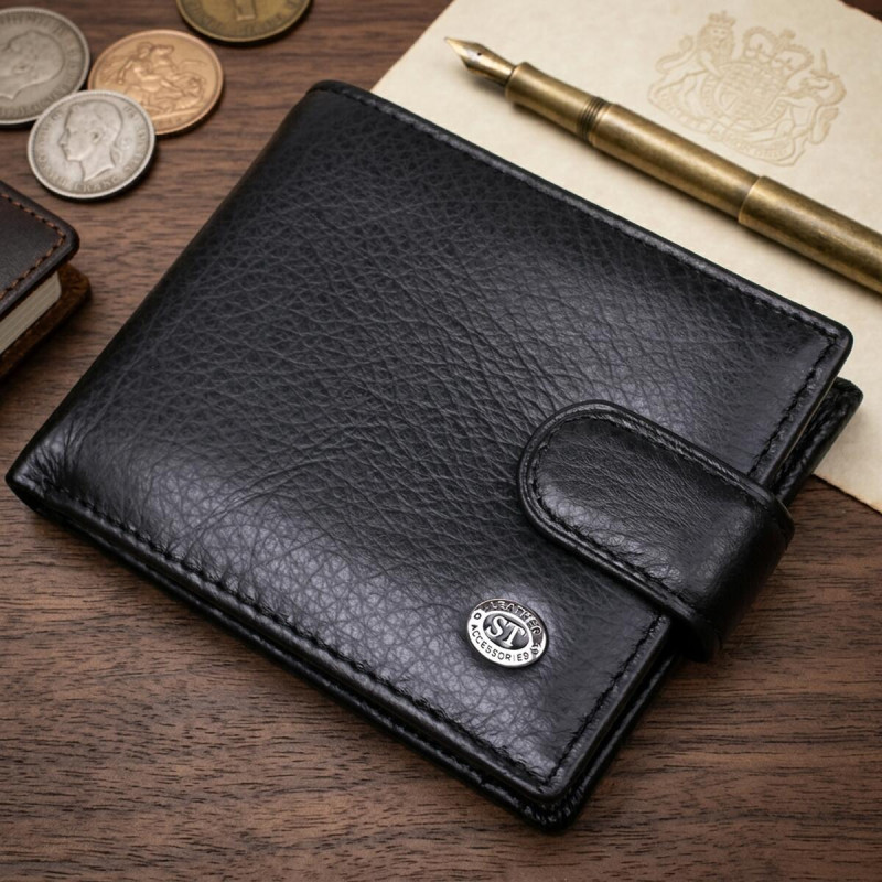 Чоловічий шкіряний купюрник для карток купюр та монет ST Leather Чорний