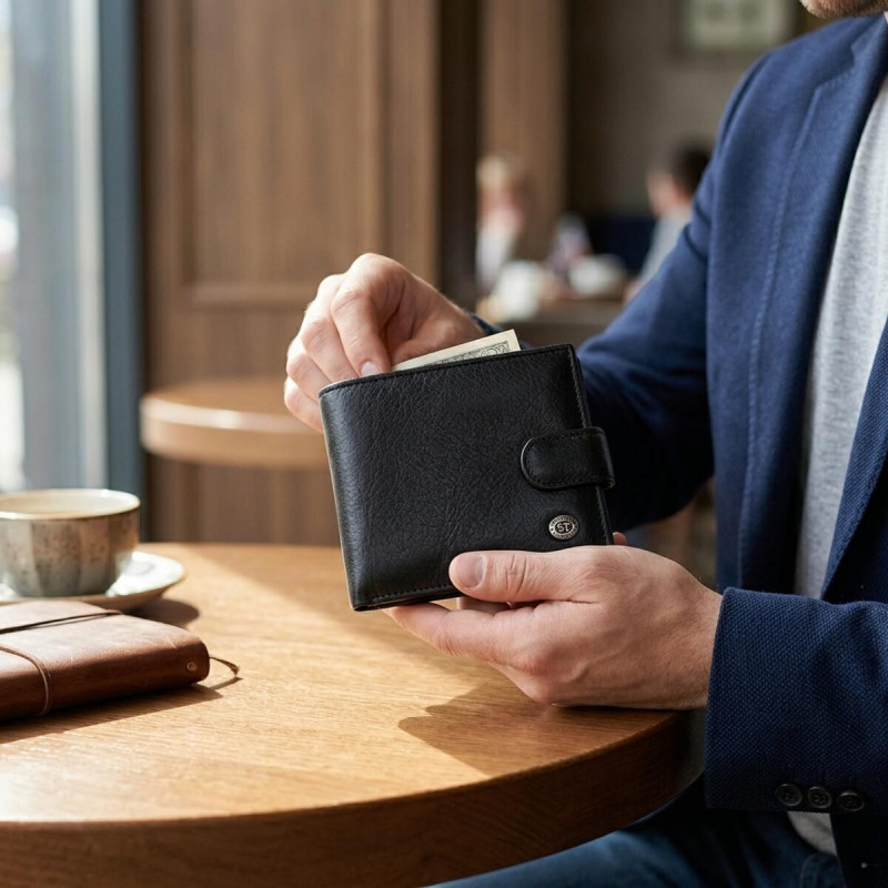 Чоловічий шкіряний купюрник для карток купюр та монет ST Leather Чорний