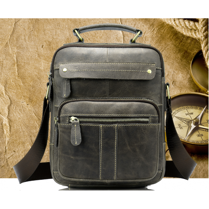 Сумка мужская вертикальная кожаная Vintage Серая